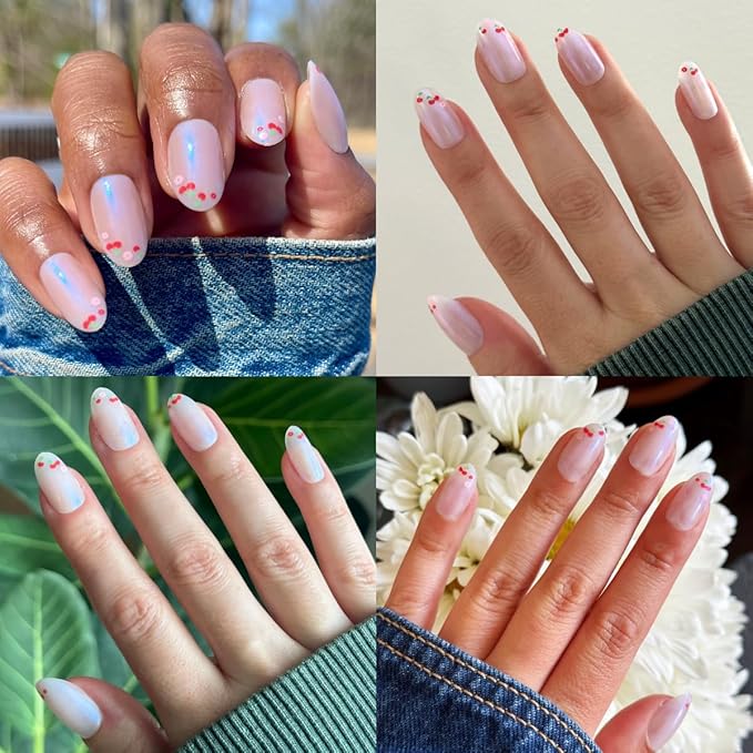 Olive & June Maximalist Instant Mani Press-On Nails (Glue) | 42 Fake Nails, 21 Sizes | Non-Toxic, Long-Lasting Big, Bold Gorgeous Realistic Look | Medium, Oval | Cherry Floral Chrome French