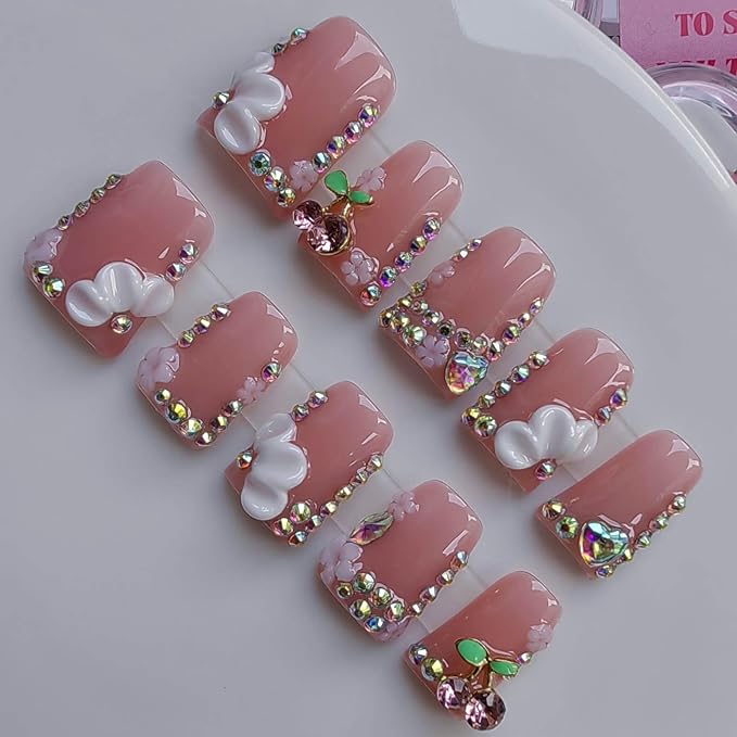 Short Press on Nails Handmade Duck Fake Nails Nude with Rhinestones and 3d Cherry and Flower Design for Women 10pcs M Size Pattern 1103