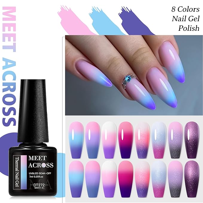 MEET ACROSS 8Pcs Color Changing Gel Nail Polish Set Glitter Temperature Mood Changed Gel Polish Pink Purple Soak Off UV/LED Nail Art Design Kit Gifts for Women Girls