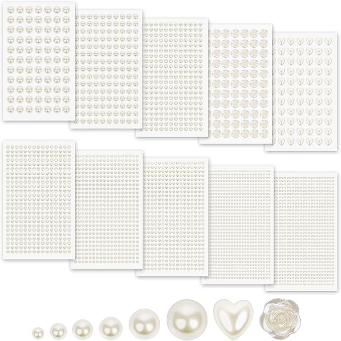 3701PCS Pearl Stickers Pearls for Crafting - Self Adhesive Pearls for Hair Face Makeup Eye Nail Crafts, Stick On Gems (White, Assorted Sizes)
