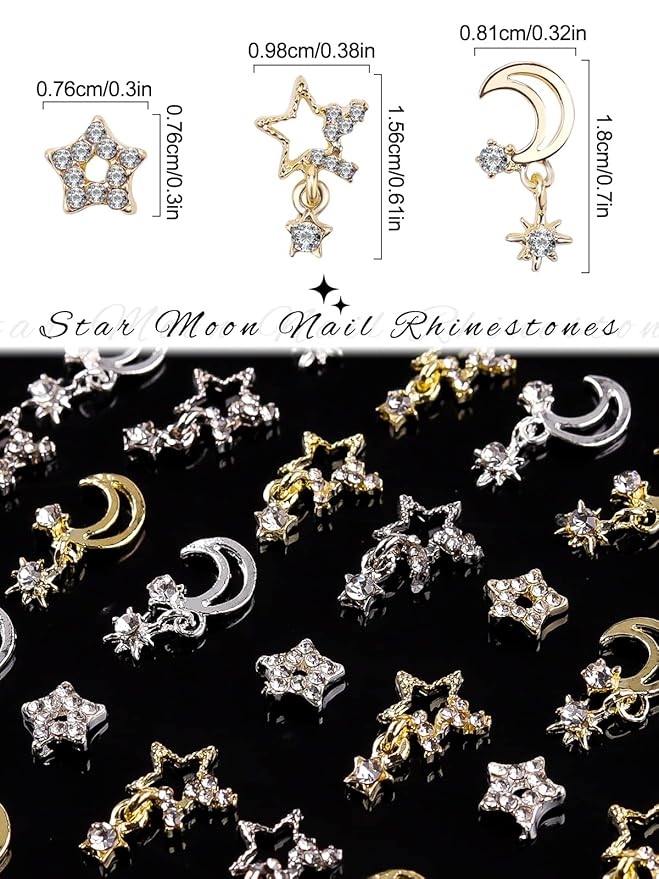 Kalolary Rhinestones 48Pcs, Silver & Gold Stars and Moon Nail Art Decoration, Shiny Diamond Crystal Decorative Nail Ornaments for DIY Crafts