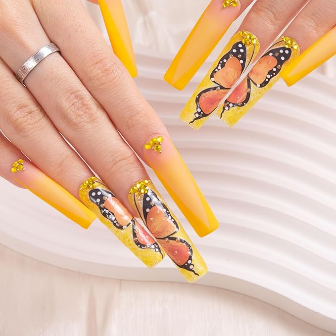LOVFUL Press on Nails Follow Me Butterfly| Handmade with Full Covered Crystals| Reusable Fake Nails| Square Mid length 1.7in| H152-S