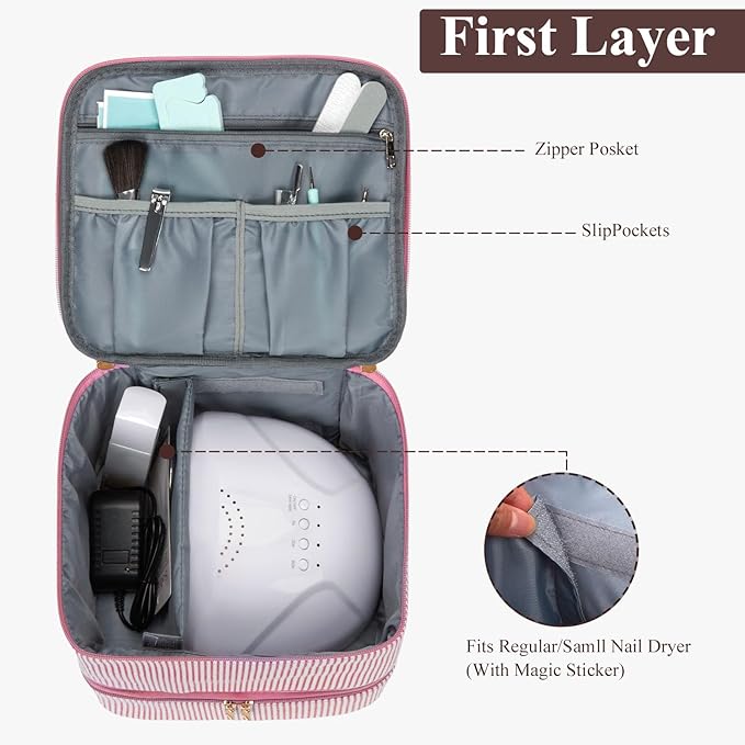 Nail Polish Organizer Aesthetic Nail Organizers and Storage, Bow Nail Supplies Kit Organizer Travel Carrying Case for Manicure Tools (Stripe Pink, 2 Layer)