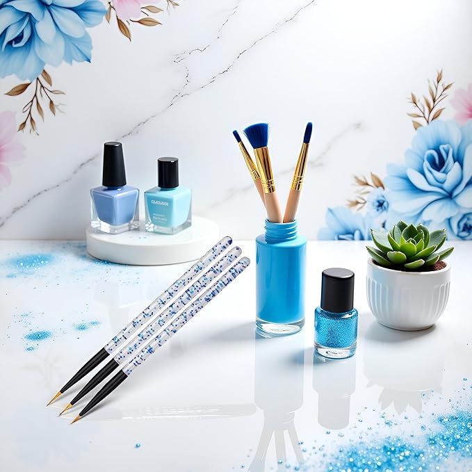 3 Pcs Blue Professional Nail Art Liner Brush Set,Nail Art Liner Brushes Supplies UV Gel Painting Acrylic Nail Art Brushes for Home Salon Valentine's Day/Wedding/Party/Christmas/Birthday Gifts
