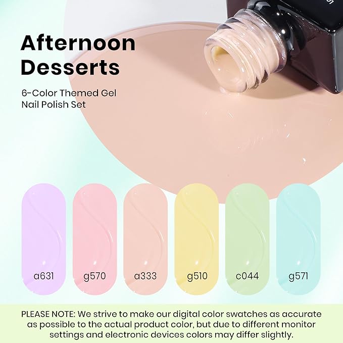 Beetles Pastel Gel Polish Set - Afternoon Desserts Collection, 6 Colors Pastel Purple Yellow Blue Pink Trendy Colors Uv LED Lamp Salon DIY at Home Nails Gifts for Women Easter Nails