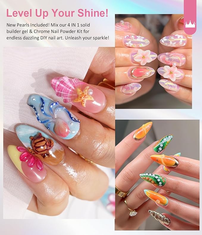 Solid Builder Gel and Chrome Nail Powder Kit BISHENGYF: 4 In 1 No Wipe 3d Sculpting Nail Gel Aurora Pink White Pearl Chrome Nail Powder Clear Non-Sticky Hand Extension Glue for Nail Decoration 30g