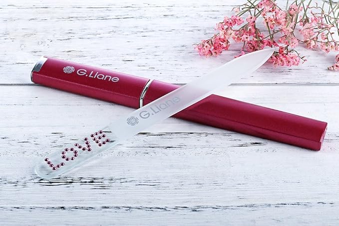 Glass Manicure File with Austria Crystals Shape and Smooth Nail File Tool with Case Best for Gentle & Safe Nail Care Kit for Beautiful Fingernails(Pink Love)