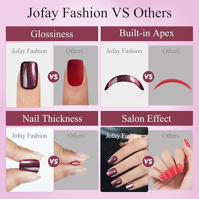 Cat Eye Press on Nails Short, Jofay Fashion Soft Gel Fake Nails, Purple-red Color-changing Shimmer Cat Eyes Nails, Reusable & Glossy Acrylic False Nails, Glue on Nails Kit Stick on Nails for Women