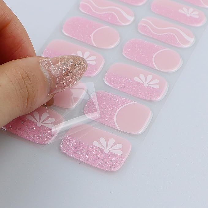 JMEOWIO Gel Nail Stickers Pink Glitter White Flower French Tip Semi Cured Gel Nail Strips Wraps UV/LED Nails Art Design Decoration Accessories