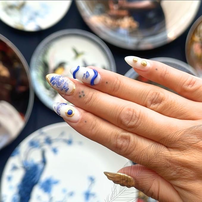 ARYANA NEW YORK Press On Nails - Handmade, Reusable, Luxury Almond Shape, Blue Dragon Chinese Pottery Collection - (Small)