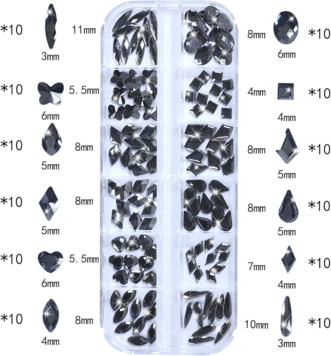 Nail Rhinestones - 3D Multi Shape Size, Flat Back, Crystals Manicure Rhinestones Charms, Transparent Gray Nail Gems, with Kit, for Nail Art, Bedazzling Acrylic Nails, DIY Decor