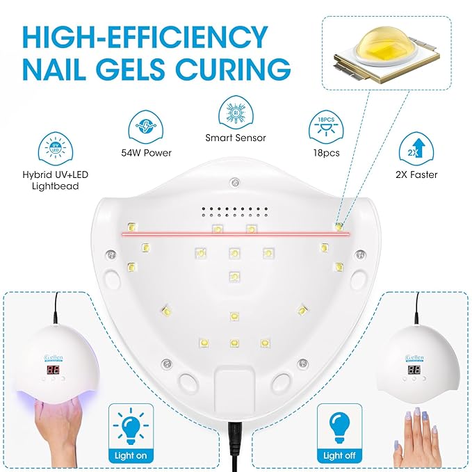 Gellen 54W U V Nail Lamp with Auto Sensor LCD Display, 3 Timers LED Nail Lamp for Gel Polish - 18 Beads Fast Curing Nail Dryer, Salon Home Use, White