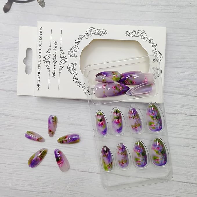 24Pcs Almond Press-On False Nails with Pink Lotus Flower Design, Glossy Purple Gradient Acrylic Artificial Nails for Women Manicure Salon
