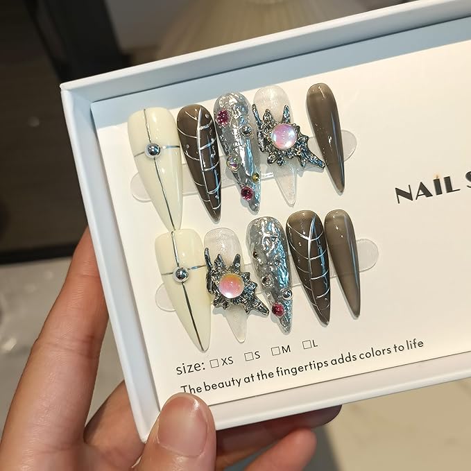 Gothic Black-Grey 3D Metallic Press on Nails Long Stiletto,Gems Chains Hand-Painted Fake Nails with Soft Gel,Halloween Party Vampire Nails,Edgy Rhinestone Y2K Nail Kit with Tools 10pcs(XS)