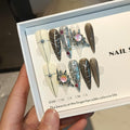 Gothic Black-Grey 3D Metallic Press on Nails Long Stiletto,Gems Chains Hand-Painted Fake Nails with Soft Gel,Halloween Party Vampire Nails,Edgy Rhinestone Y2K Nail Kit with Tools 10pcs(L)