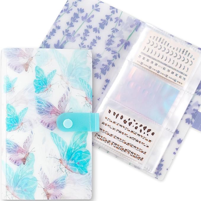 2PCS 240 Slots Flower Butterfly Nail Art Sticker Storage Books Purple Blue Wisteria Organizer Binders Transparent Collecting Album Photo DIY for Notebooks Diary Journal Planner