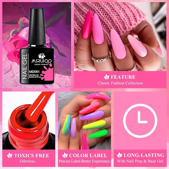 12PCS Bright Gel Nail Polish Kit - Purple, Pink, Green, Rainbow - All Season Fun DIY Manicure Kit