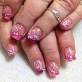 Valentines Nails Short Press on Nails French Tip Glitter Pink Fake Nails with Heart Rhinestone Designs Valentine's Day Glue on Nails Heart False Nails Petite Acrylic Stick on Nails for Women 24Pcs