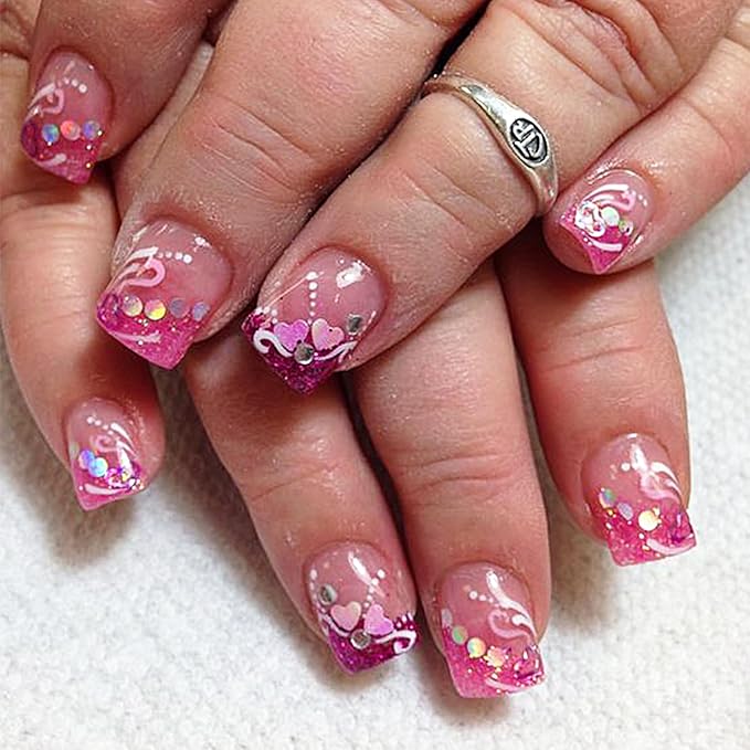 Valentines Nails Short Press on Nails French Tip Glitter Pink Fake Nails with Heart Rhinestone Designs Valentine's Day Glue on Nails Heart False Nails Petite Acrylic Stick on Nails for Women 24Pcs