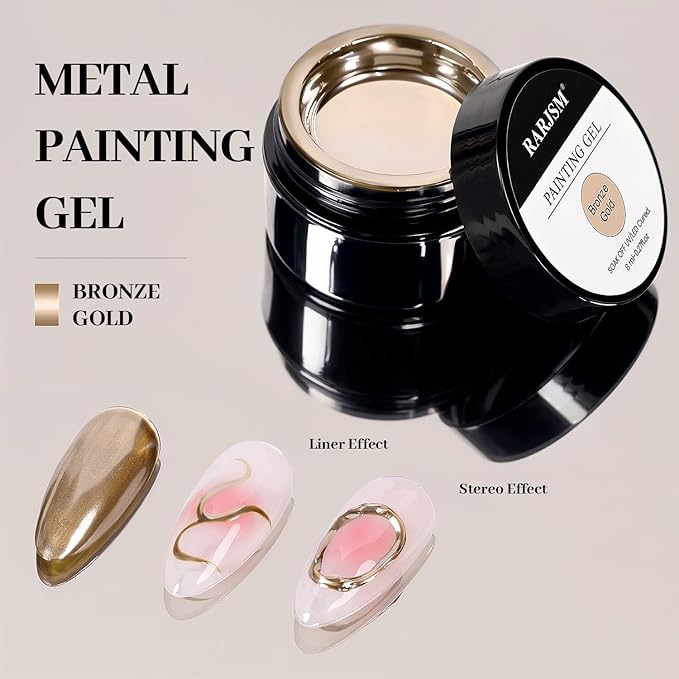 RARJSM Metallic Painting Gel Nail Polish Bronze Gold Chrome 3D Metal Painted Drawing Gel Polish 8ml Reflective Mirror Effect Glossy Shine Soak Off Curing Need Home Salon DIY Nail Art Liner Design