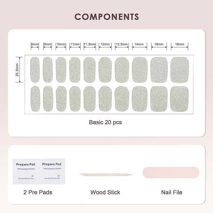 Semi Cured Gel Nail Strips – Real Gel Nail Polish Wraps for Brittle Nails | Waterproof Long Lasting Easy Peel-Off Removal | Hema-Free | 20-Piece Glitter White Salon Kit with File & Stick