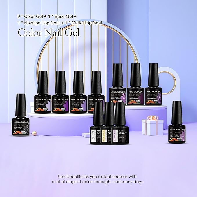 MEET ACROSS 9 Colors Gel Nail Polish + 3PCS Function Gel Nail Polish Kit,Fashion Nail Art Set Design Gifts for Women Manicure Salon (SET21, 12pcs)