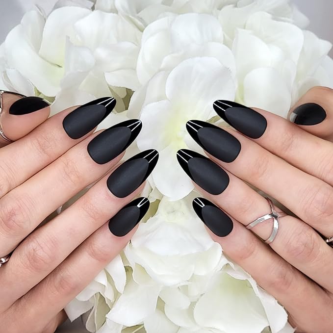 Hypnaughty 24 Pcs Caviar Almond Black Matte Press On Nails with Glossy Black French Tip and Glue Medium Long Pointed Oval False Nails (Caviar)