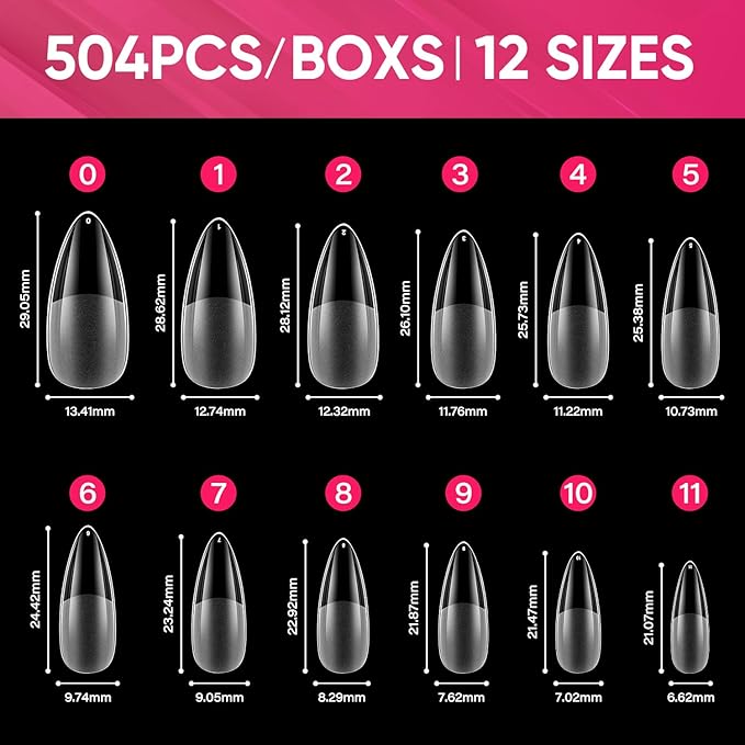 AIMEILI Long Stiletto Acrylic Nail tips Fake Nails, Pre-shape 504pcs Round Soft Gel Nail Tips Press on Nails for Full Cover False Nails 12 Sizes