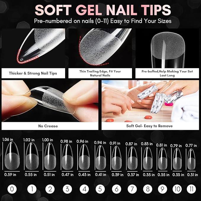 Makartt Nail Tips and Glue Kit: Almond Medium Tips 500PCS with 3D Gel Solid Builder Gel for Extension, Full Cover Pre-Buffed Nails, Non-Sticky Carving Glue, Complete DIY Manicure Nail Art