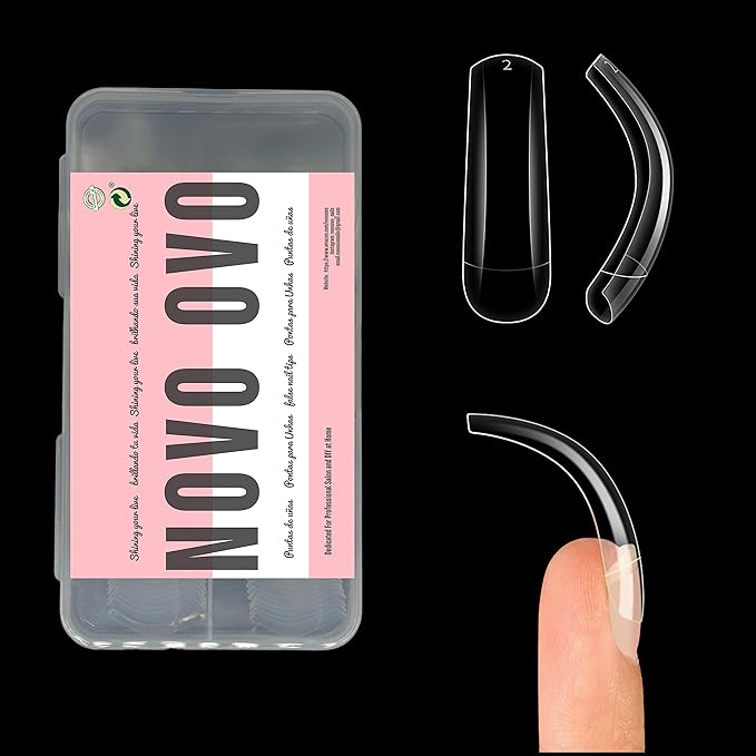 NOVO OVO Halloween 100 pcs Long Hawk Curved Nail tips, Clear Cystal Extra Super Extreme Deep Curve Half Cover Tapered Square Eagle Claw Soft Gel False Nail Extension for Acrylic Nails x10 Sizes in Box