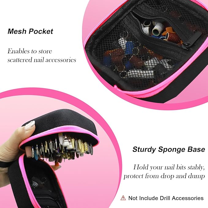 81 Holes Nail Drill Bit Holder (ONLY CASE),Dustproof Portable Organizer Storage Bag with Large Mesh Pocket & High Density Foam to Avoid Slipping & Scratches, Nail Bits Professional Manicure Tools,Pink