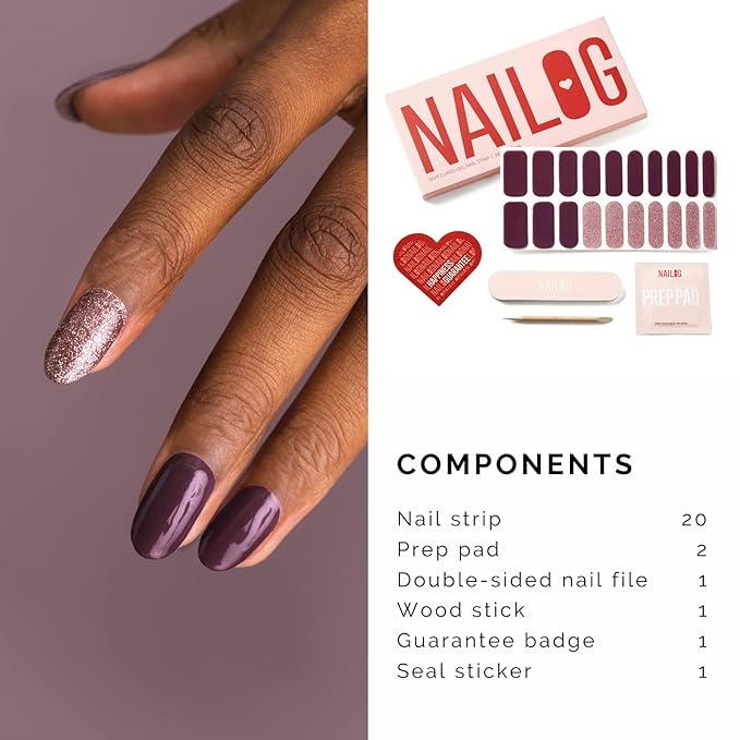 NAILOG Semi Cured Gel Nail Strips, 20Pcs Dark Purple Glitter Pink Lasting Gel Nail Stickers, Salon Quality Easy Apply & Remove Works with Any UV/LED Nail Lamps, Long Night