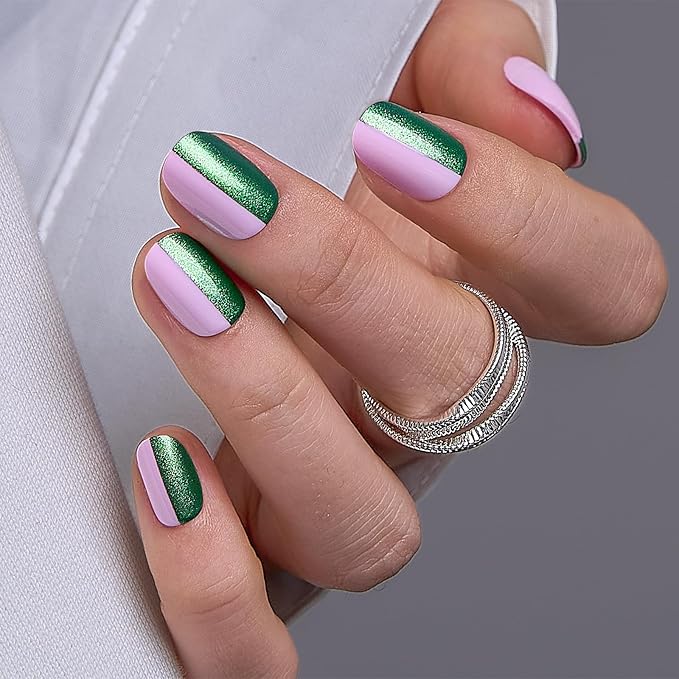 CurvLife Soft Gel Short Press On Nails Oval, Long-Lasting Reusable Fake Nails Kit with Glue & Tabs, 30pcs Salon-Quality Stick On Nails for Women At-Home Manicure (Dual Charm)