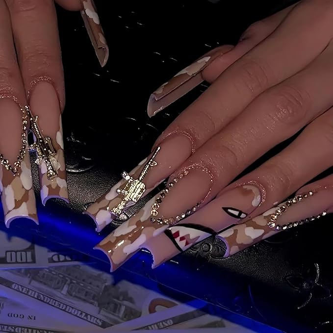 Press on Nails Coffin Long Length Acrylic Glossy Full Cover Square Shaped French False Nails with Designs Artificial Extra Long Fake Nails with Charms Glue ons Fingernails for Women(C006)