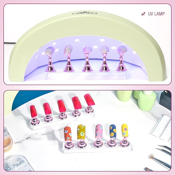 Nail Holder for Nail Art Practice, Nail Stands for False Nails Painting, 30 pcs of adhesive putty 1 Crystal Base 2 Sets Magnetic Acrylic (Metal Pink)