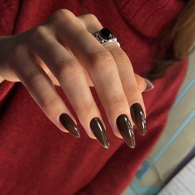 Brown Press on Nails Almond Shaped 48Pcs Neutral Thick Fake Nails for Women, Medium Almond Nails Press on Reusable Acrylic Nails Glue on Medium Length Stiletto False Nails Gel Artificial Nails
