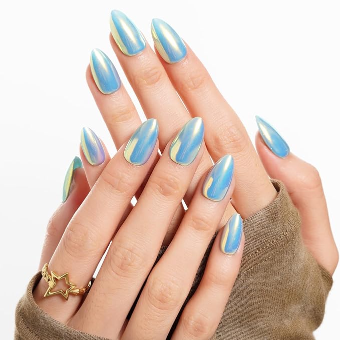 GLAMERMAID Light Blue Mermaid Chrome Press On Nails Short Almond, Golden Donut Glazed Handmade Soft Jelly Gel Fake Nails, Round Oval Stick Glue on Nails Kit for Women, Reusable Acrylic False Nail Set