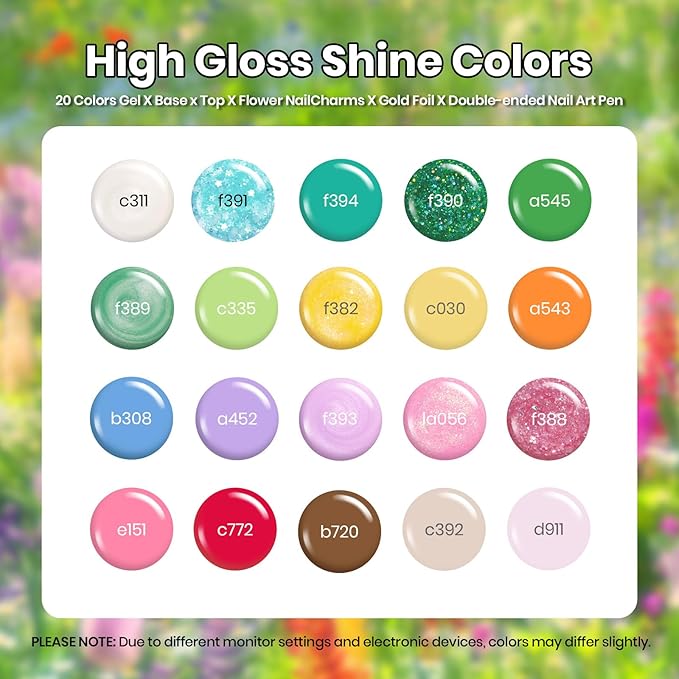 beetles Gel Nail Polish Set 20 Colors Pastel Gel Polish with Glossy&Matte Top Coat Base Coat, Pink Purple Blue Green White Trendy Color Glitter Uv Embrace Nature Gift for Women & Girls