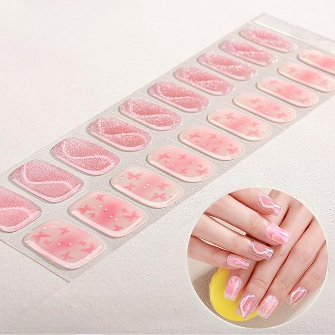 WOKOTO 1 Sheets Butterfly & Cat Eye Design Semi Cured Gel Nail Strips With Nail File & Wooden Stick For Women, 20 Tips Semi Cured Gel Nails Polish Stickers Strips UV Full Nail Wraps Stick On Nails