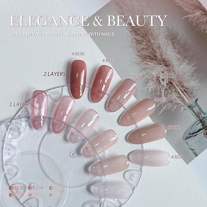 GAOY Wild Rose Jelly Nude Gel Nail Polish Set, 6 Transparent Colors Sheer Pink Brown Soak Off UV Light Cure Gel Polish Kit for Salon and Nail Art DIY at Home