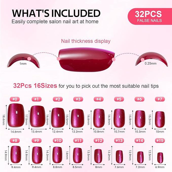 Press On Nails Short Square - Findigit Berry Red Cat Eye, False Nails, Natural Fit Reusable Stick On Fake Nails with Glue | Salon Quality | 16 Sizes - 32 Nails