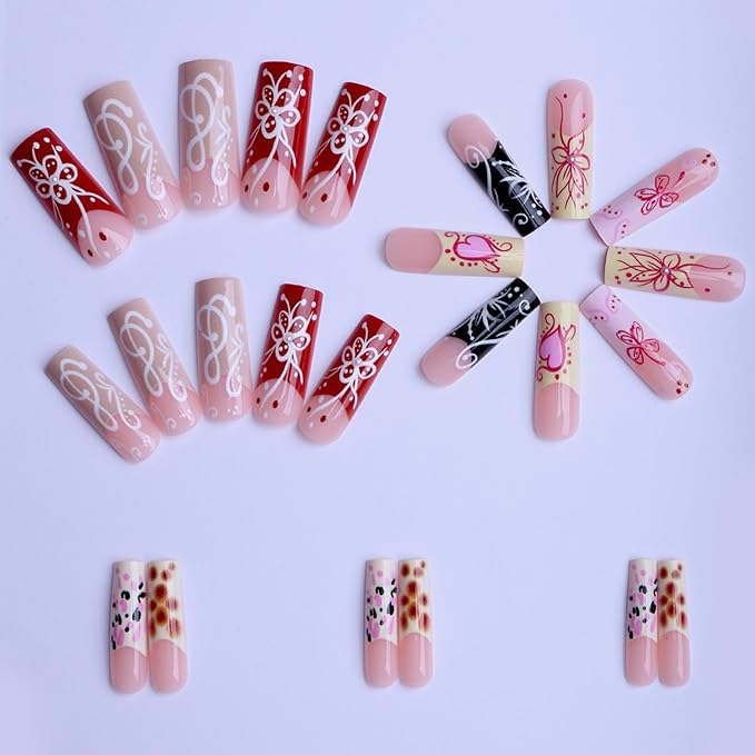 Long Press on Nails Square Fake Nails Red Artificial Nail French Tip and Flowers Designs Stick on Nail for Women 24pcs