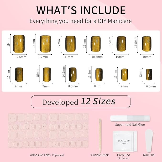 Yellow Cat Eyes Press On Nails,12 Sizes - 24 Pcs Soft Gel Yellow Medium Square Fake Nails Kit with Nail Glue, Natural Reusable Stick On False Nails for Women and Girls (Skycloud Nails) SK0926