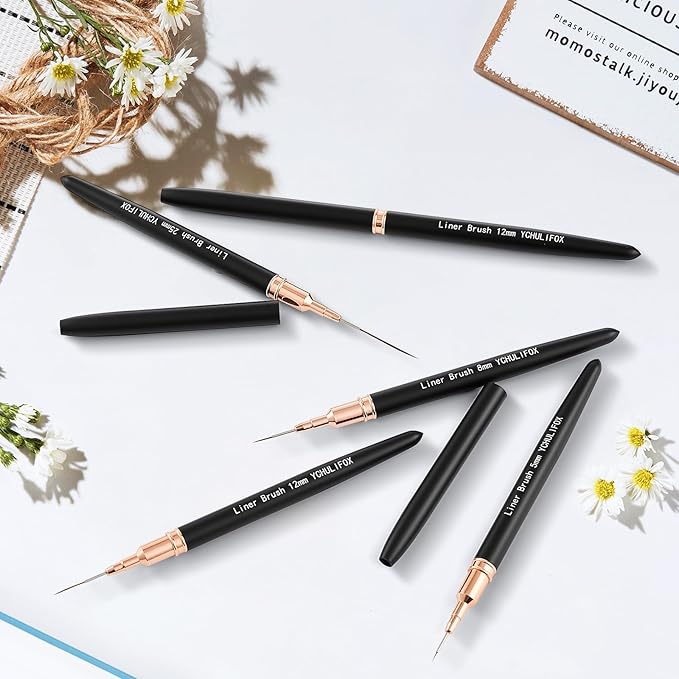 Metallic Nail Art Brushes，Nail Liner Brush Set，5PCS Nail Art Tools for Long Lines,Fine Drawing,Thin Details,Liner Brush Painting Art Design Nail Art Tool Sizes5/8/12/20/25mm，Black
