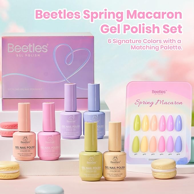 beetles Pastel Gel Polish Set - Spring Macaron Collection, 6 Colors 15ML Pastel Colors Easter Gel Polish with Color Swatch, Soak Off UV LED Spring Nail Art Kit for Women