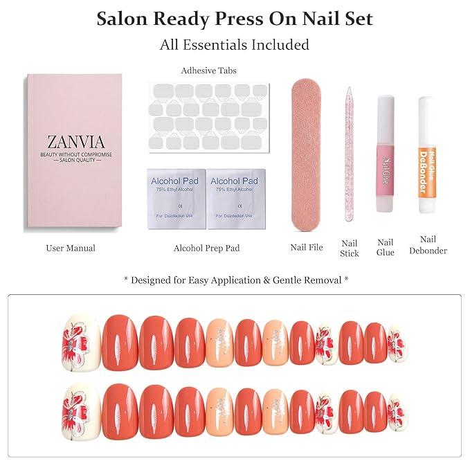 short round press on nails orange - floral acrylic fake nails salon quality reusable tips for women, perfect DIY manicure at home, 24 Nails in 12 Sizes