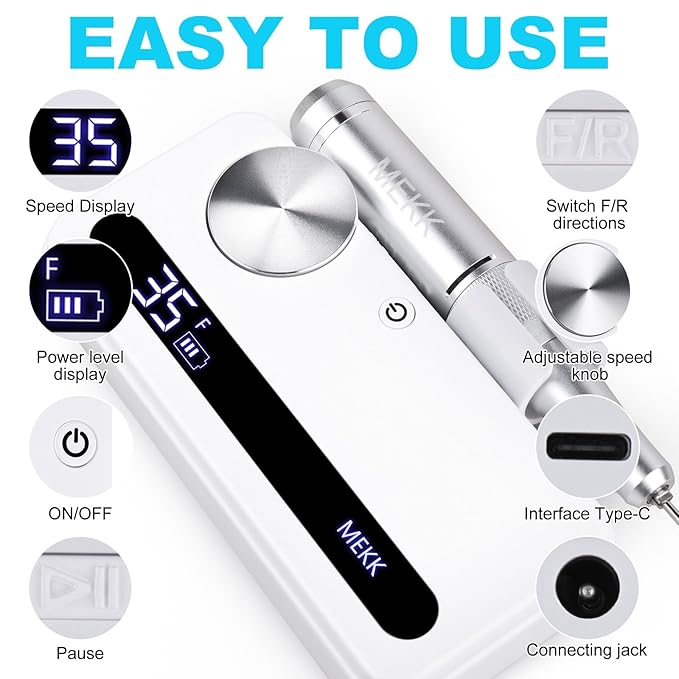 MEKK Nail Drill Kit,35000RPM Electric Nail Drill Professional Electric Nail File with 12PCS Bits,Anti-Shaking Cordless E Filer for Nails,Home & Salon(White)