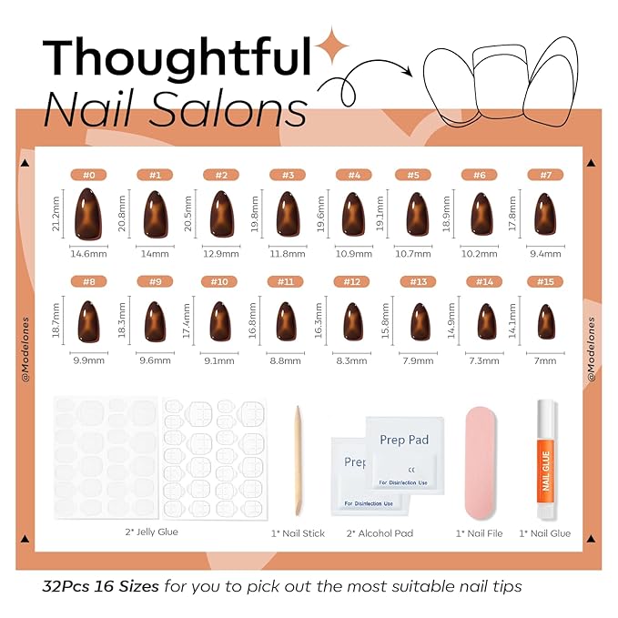 Modelones Brown Press on Nails Almond, Short Fake Nails, Reusable Nail Kit with Nail Glue Adhesive Tabs Mini Nail File, Nails Press Ons 32Pcs 16 Sizes, Women Girl Gift, Amber