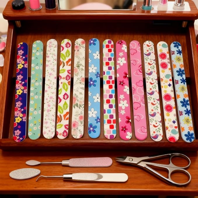 24 Nail Files, Colored Emory Plate Nail Files Double Sided 180 Grains Professional Manicure Emory Plate Buffer Pedicure Tools Nail Shaping Polishing Files (Flower Series, Count, 24, 100/180 Grit)