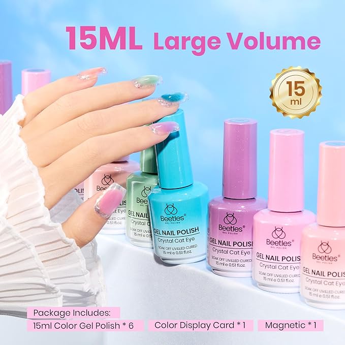 Beetles Fairy Garden Cat Eye Gel Nail Polish Set - 6 Colors 15ML Spring Gel Polish Kit Glitter Pink Purple Blue Orange Red Green Magnetic Effect Soak Off UV Nail Art DIY Manicure Gift for Women